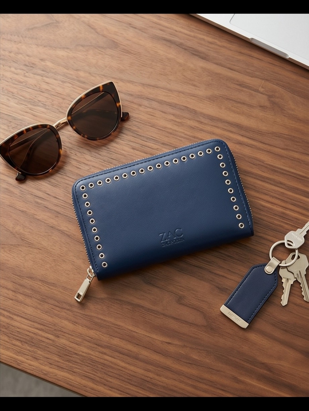ZAC Zac Posen Navy Leather Zip-Around Wallet with Grommets
